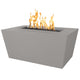 Light gray linear powder-coated steel gas fire pit with flames over rectangular burner