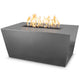 Silver gray linear gas fire pit with flames and a recessed rectangular firebox