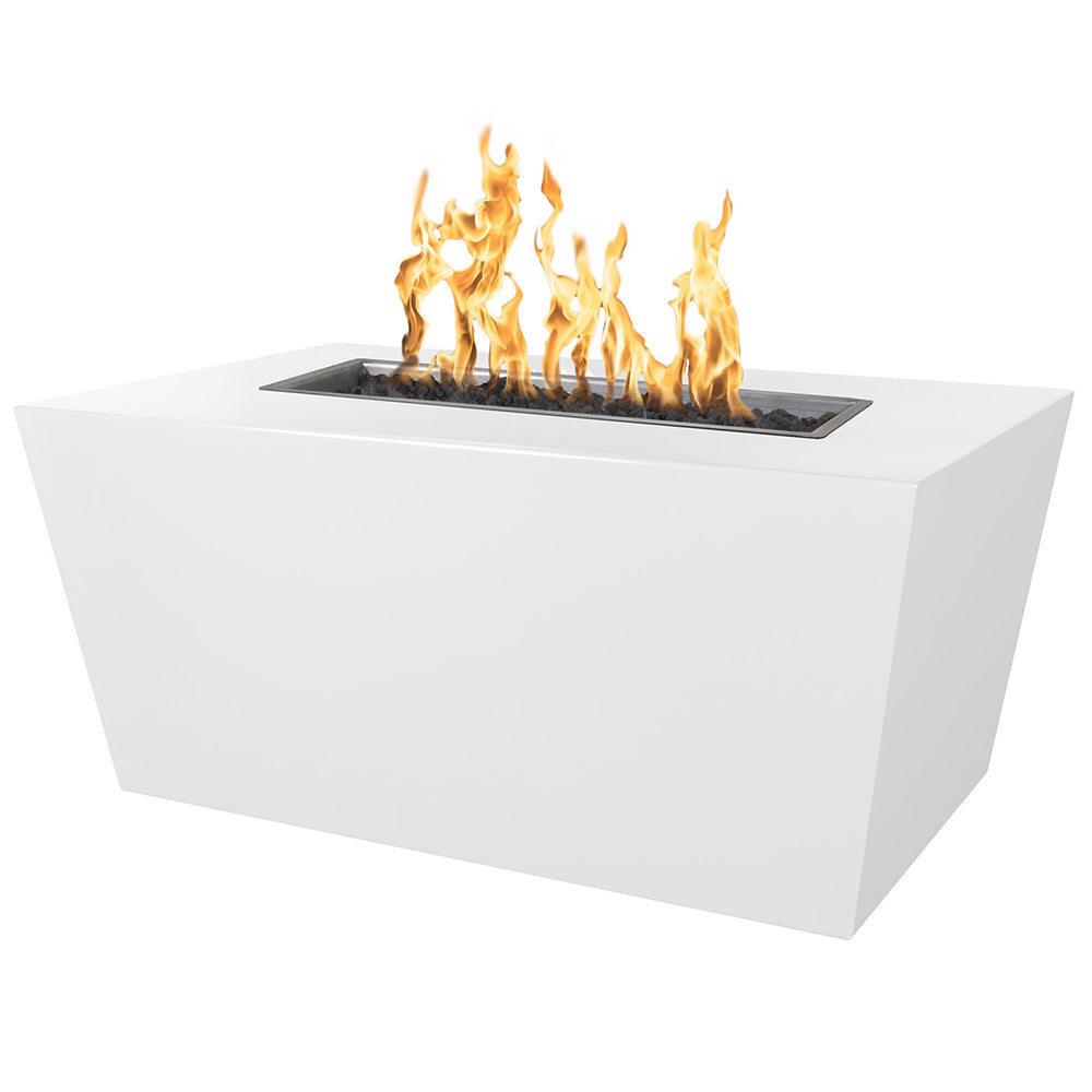 White linear gas fire pit with flames and a recessed rectangular burner pan