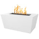 White linear gas fire pit with flames and a recessed rectangular burner pan