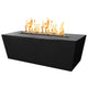 Black linear powder-coated steel gas fire pit with flames and rectangular top opening