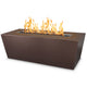 Copper-toned linear powder-coated steel gas fire pit with flames on dark burner