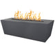 Black linear powder-coated steel gas fire pit with flames in the inset burner