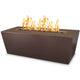 Rust-brown linear powder-coated steel gas fire pit with flames on inset burner