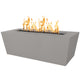 Light gray linear powder-coated steel gas fire pit with flames in rectangular opening
