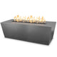 Dark gray linear powder-coated steel gas fire pit with flames and textured finish