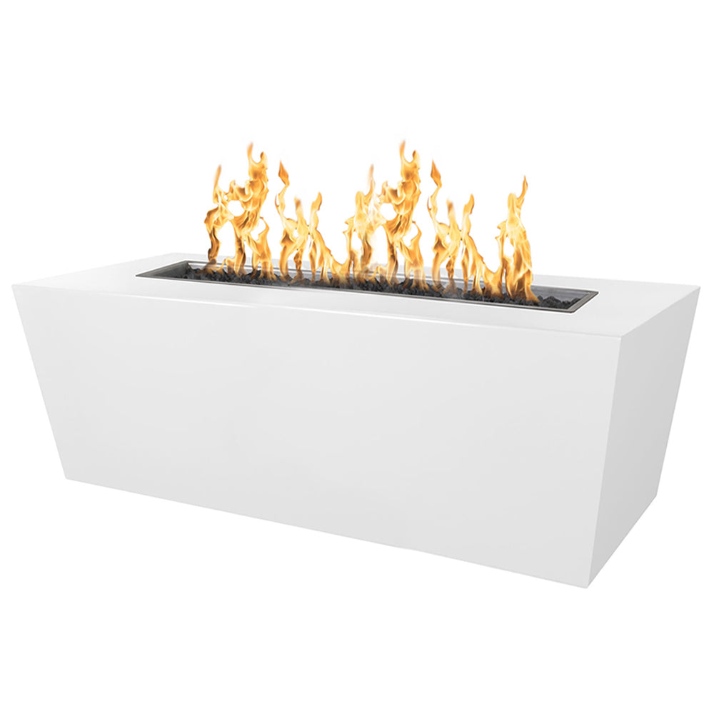 White linear powder-coated steel gas fire pit with flames viewed from the front