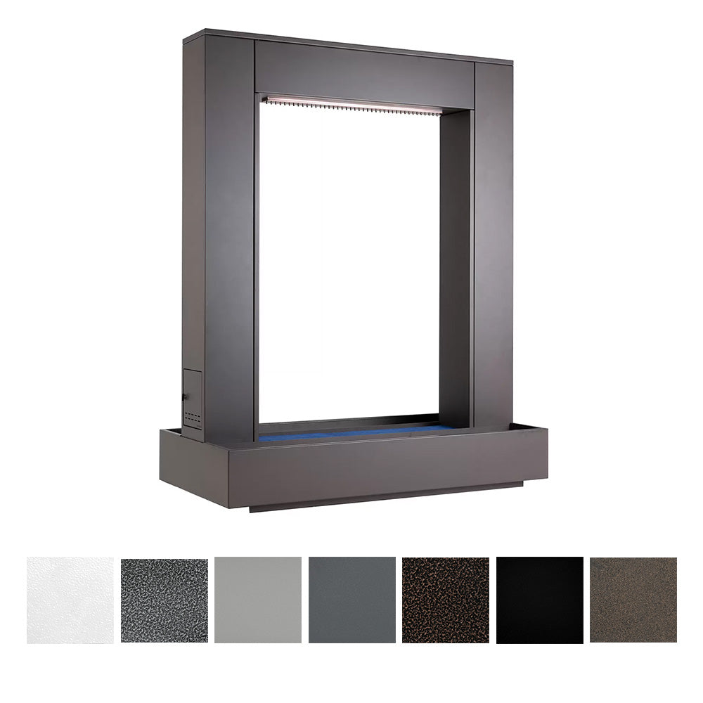Powder-coated steel rain curtain waterfall frame, dark gray open-front panel with blue strip