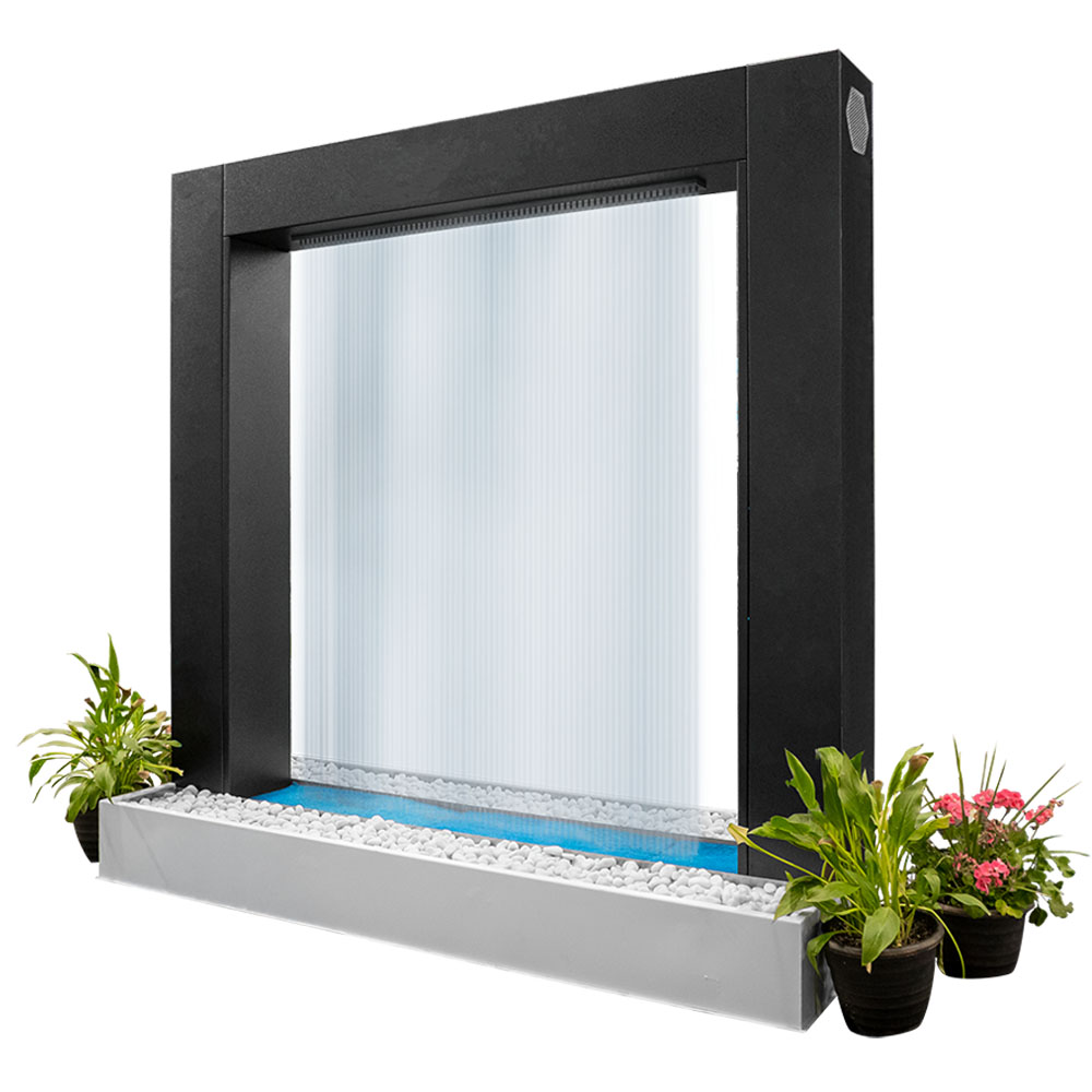 Powder-coated steel rain curtain waterfall, black frame with vertical water curtain and plants
