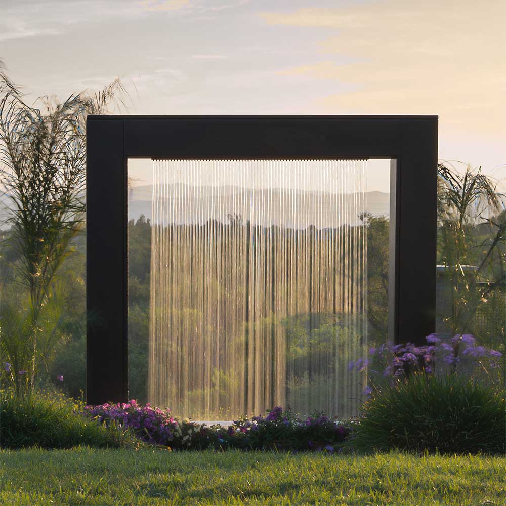 Outdoor powder-coated steel rain curtain waterfall with long vertical water streams