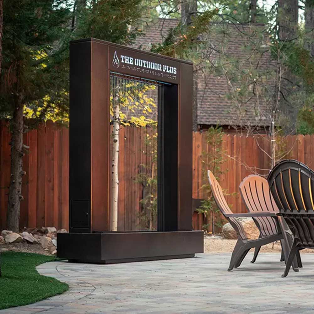 Powder-coated steel rain curtain waterfall with vertical water strands, dark bronze frame