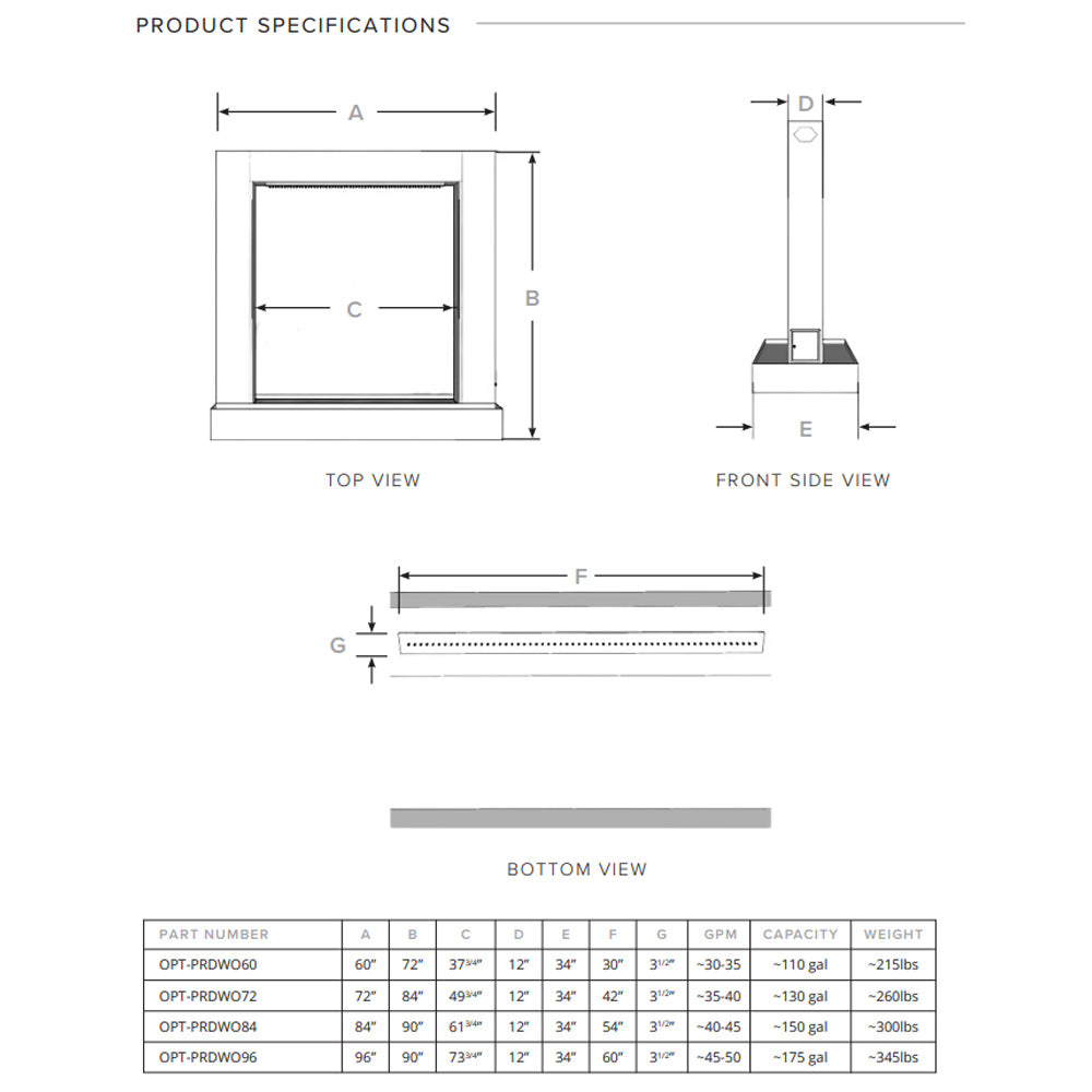 Rain curtain waterfall dimensions diagram for powder-coated steel unit with top and front views