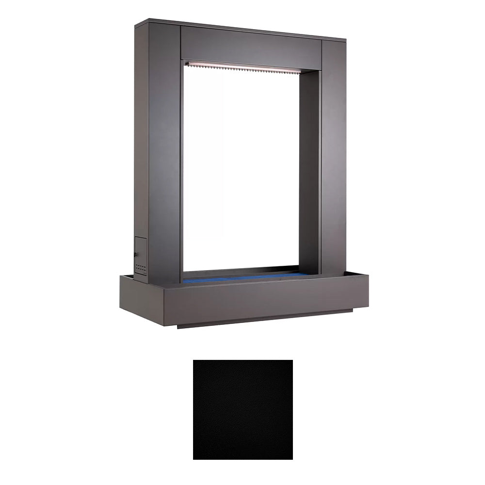 Powder-coated steel rain curtain waterfall frame, black open-front panel with blue base strip