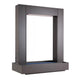 Powder-coated steel rain curtain waterfall frame, dark gray open-front panel with blue base strip