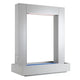 Powder-coated steel rain curtain waterfall frame, light gray open-front panel with blue base strip