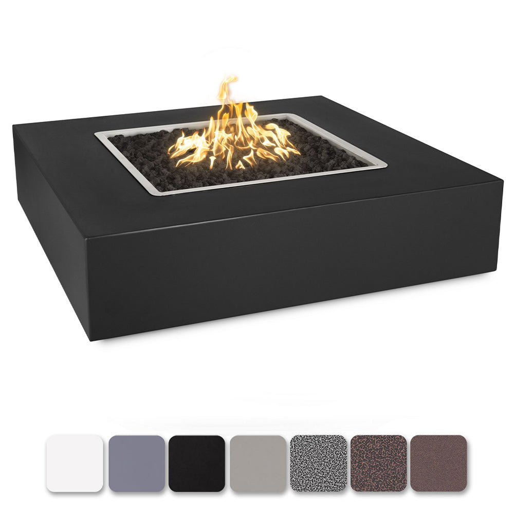 Black square gas fire pit with mesh burner and visible flames