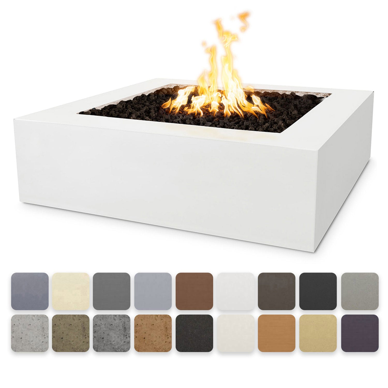 White square GFRC concrete gas fire pit with visible flames in the burner tray