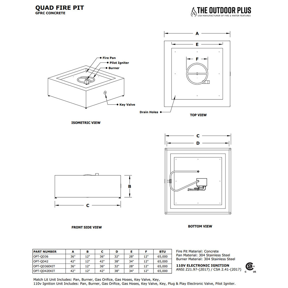 Quad fire pit GFRC concrete technical diagram with top, side, and front views