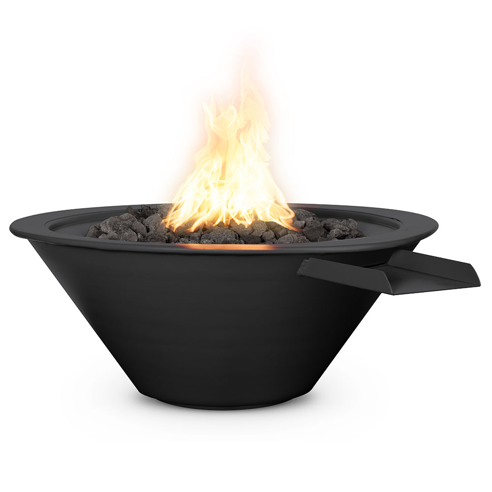 Round powder-coated gas fire bowl with black finish, flame and lava rocks inside