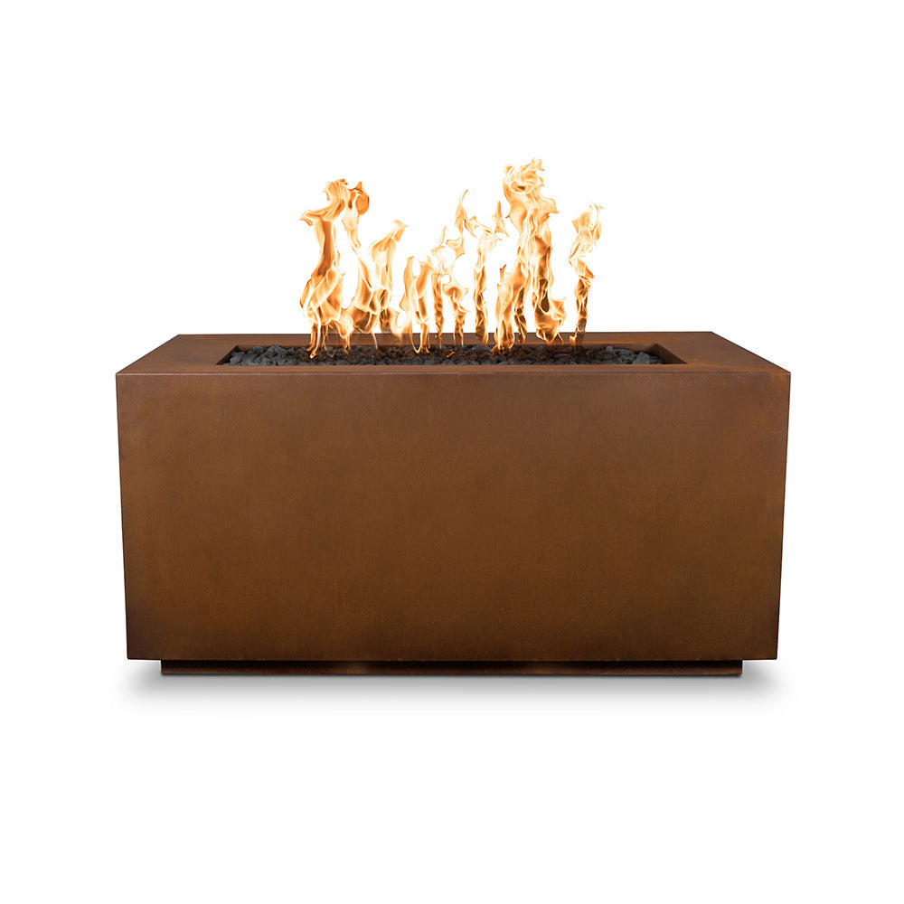 Corten steel linear gas fire pit with open flames, rectangular box design