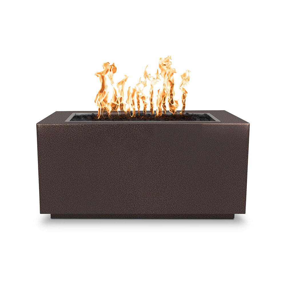 Brown textured linear gas fire pit with rectangular burner opening and flames
