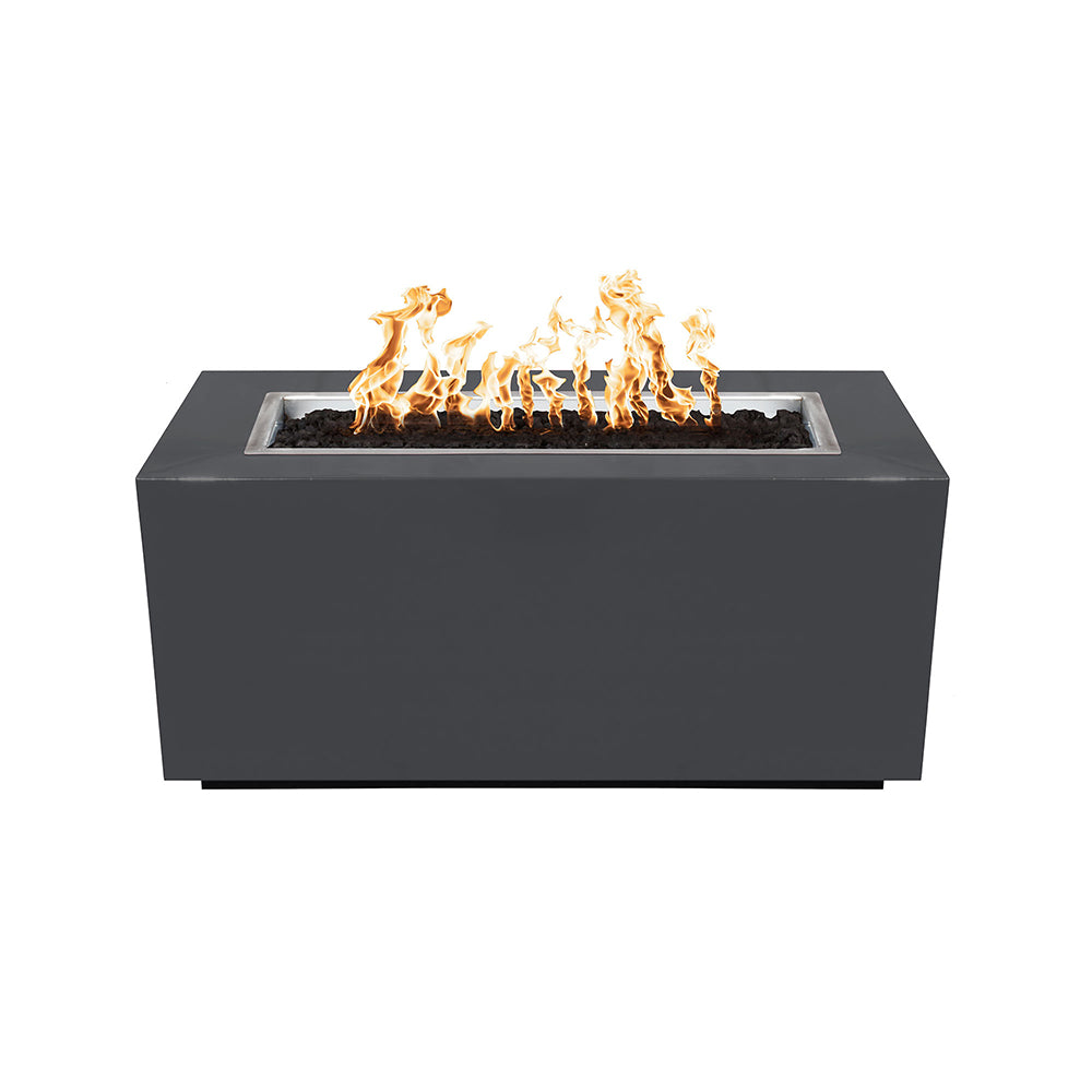 Dark gray linear gas fire pit with rectangular burner opening and flames