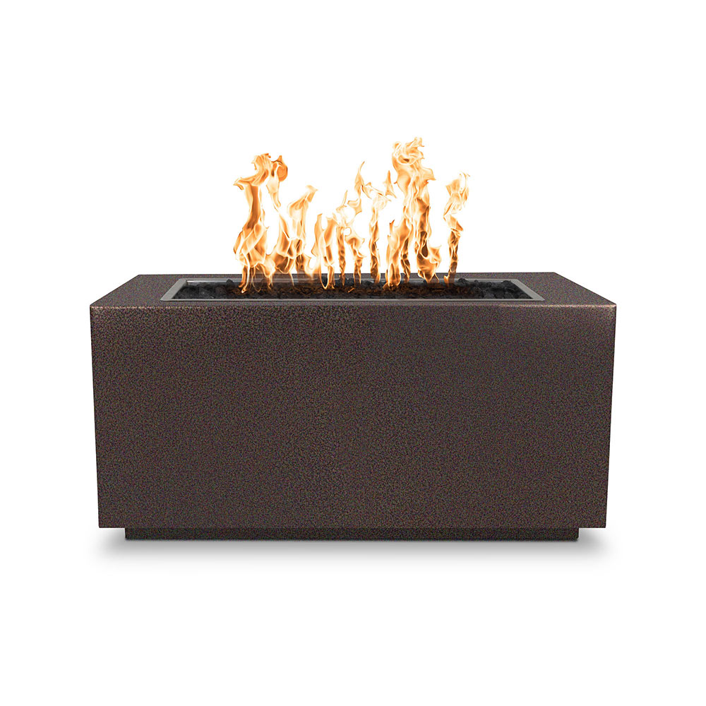 Dark rectangular linear gas fire pit with visible flame through top burner opening