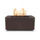 Linear gas fire pit with rectangular firebox and burning flames, dark powder-coated steel