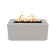 Linear gas fire pit with rectangular firebox and burning flames, gray powder-coated steel