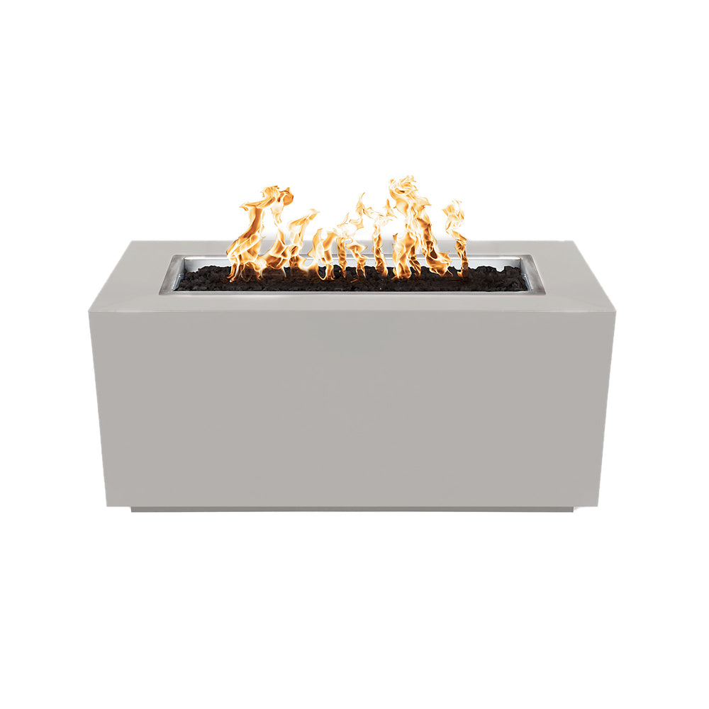 Light gray rectangular linear gas fire pit with flames above recessed burner opening