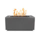 Dark linear gas fire pit, front view, flames in recessed top burner tray