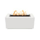 Gas fire pit with white rectangular body, black burner pan, and flames