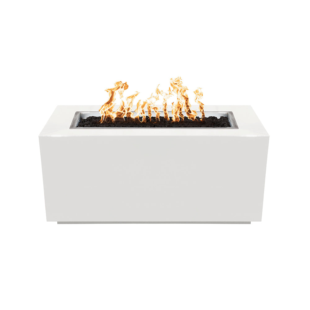 Light gray linear gas fire pit with rectangular burner opening and flames