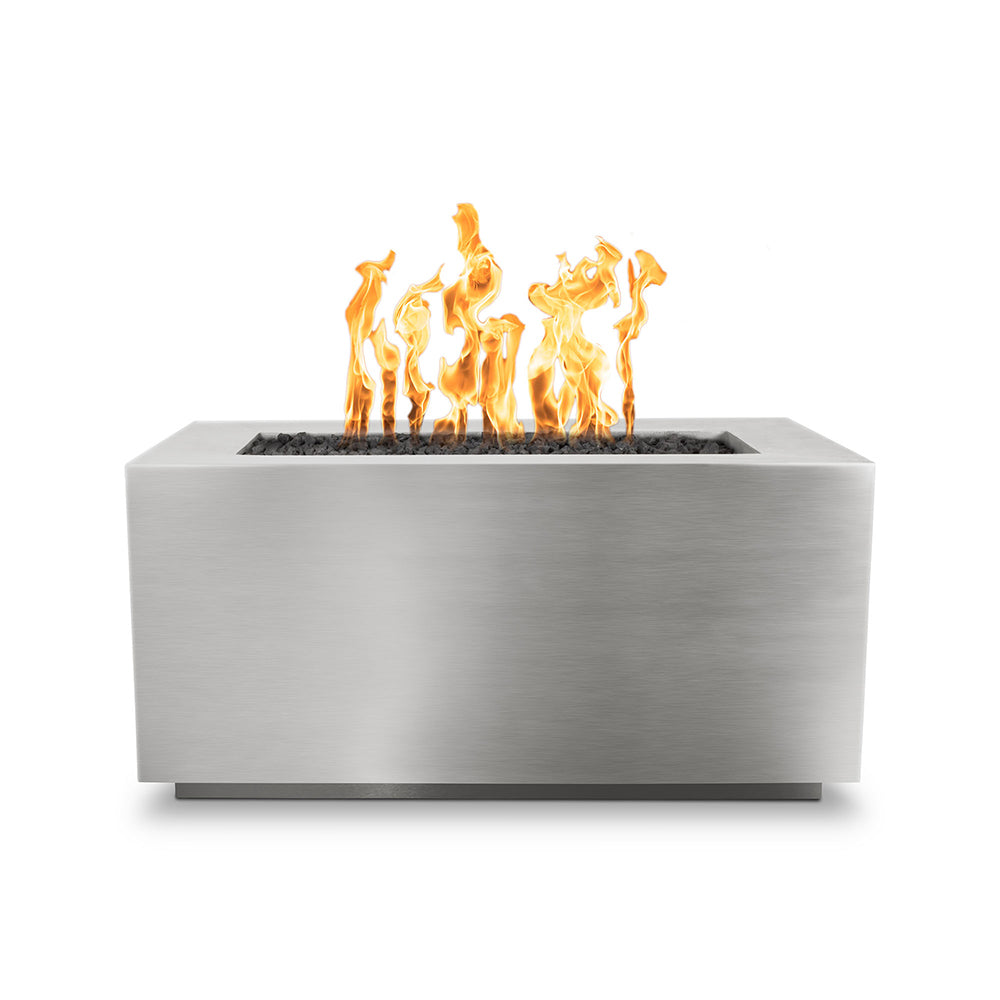Rectangular stainless steel gas fire pit with open flames and dark fire media