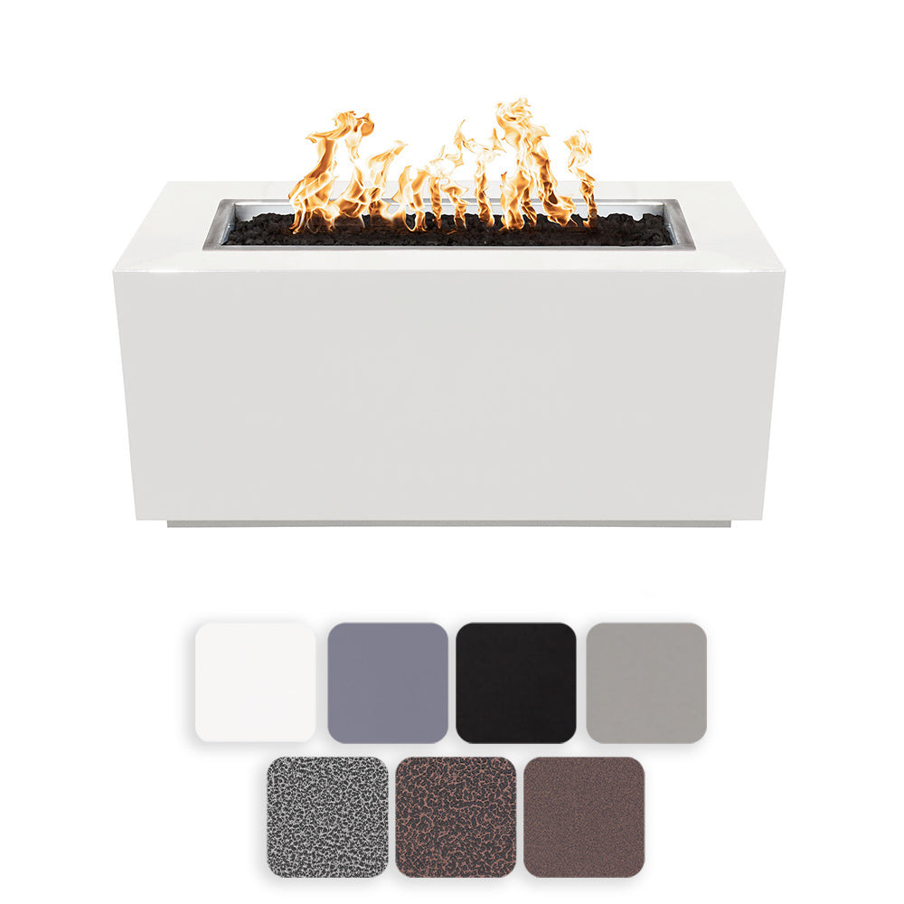 Gas fire pit with white rectangular powder-coated steel body and open flame