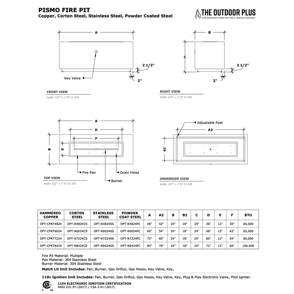 TOP Fires by The Outdoor Plus Pismo 48x24-Inch Linear Copper Gas Fire Pit