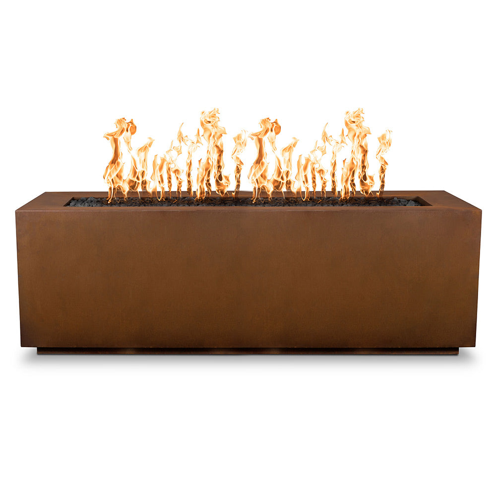 Rectangular corten steel gas fire pit with flames burning in linear tray