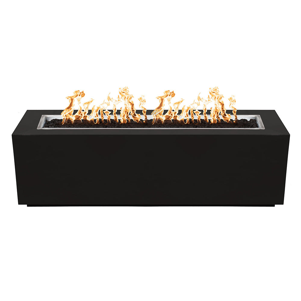Black linear powder-coated steel gas fire pit with flames visible across the burner tray