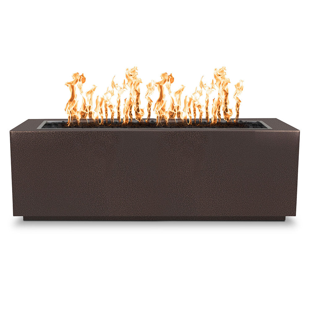 Brown textured linear steel gas fire pit with flames and open burner area