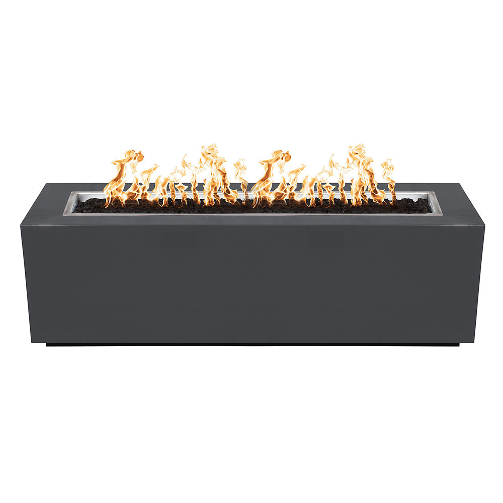 Dark gray linear steel gas fire pit with flames visible across the firebox