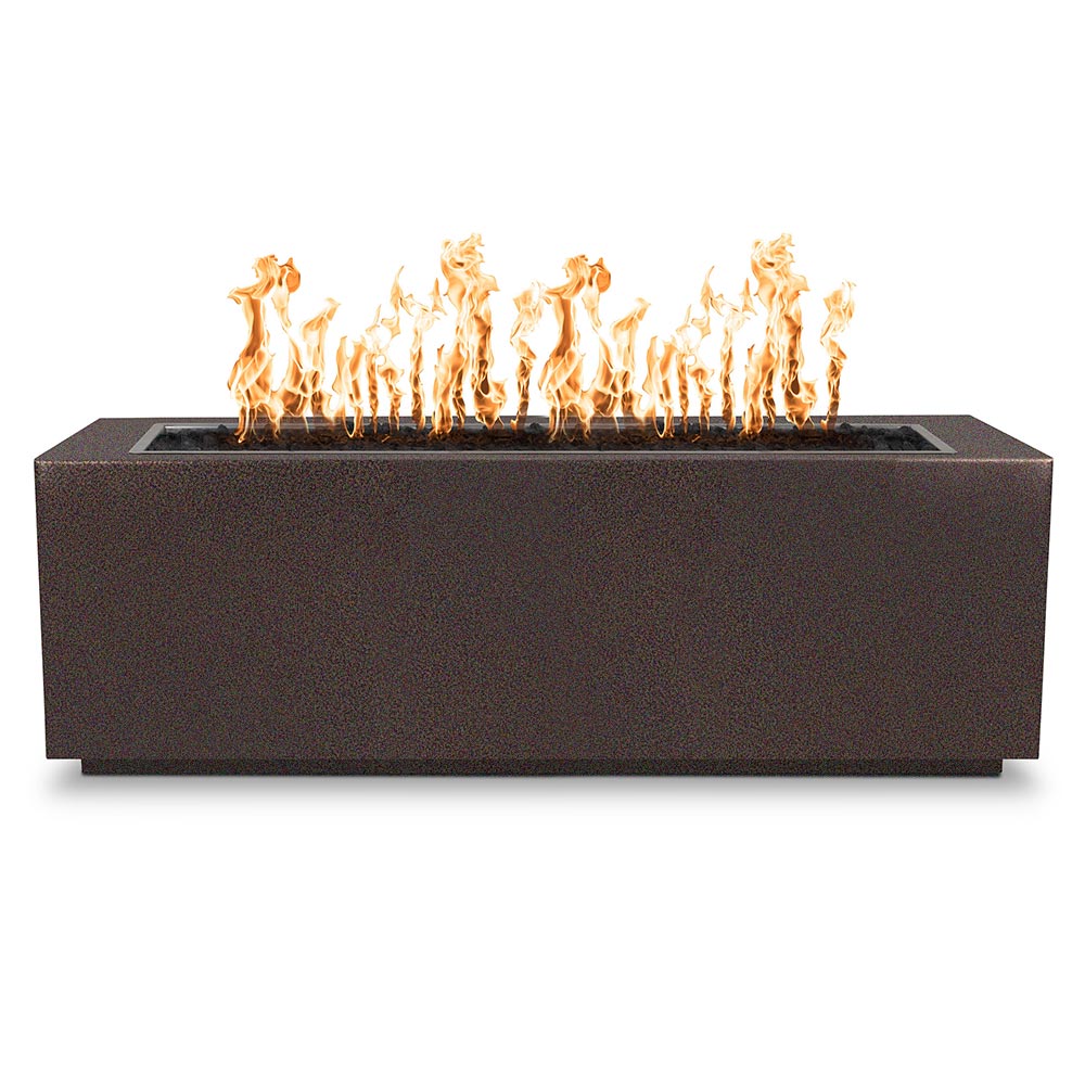 Dark bronze-brown linear powder-coated steel gas fire pit with flames visible in tray