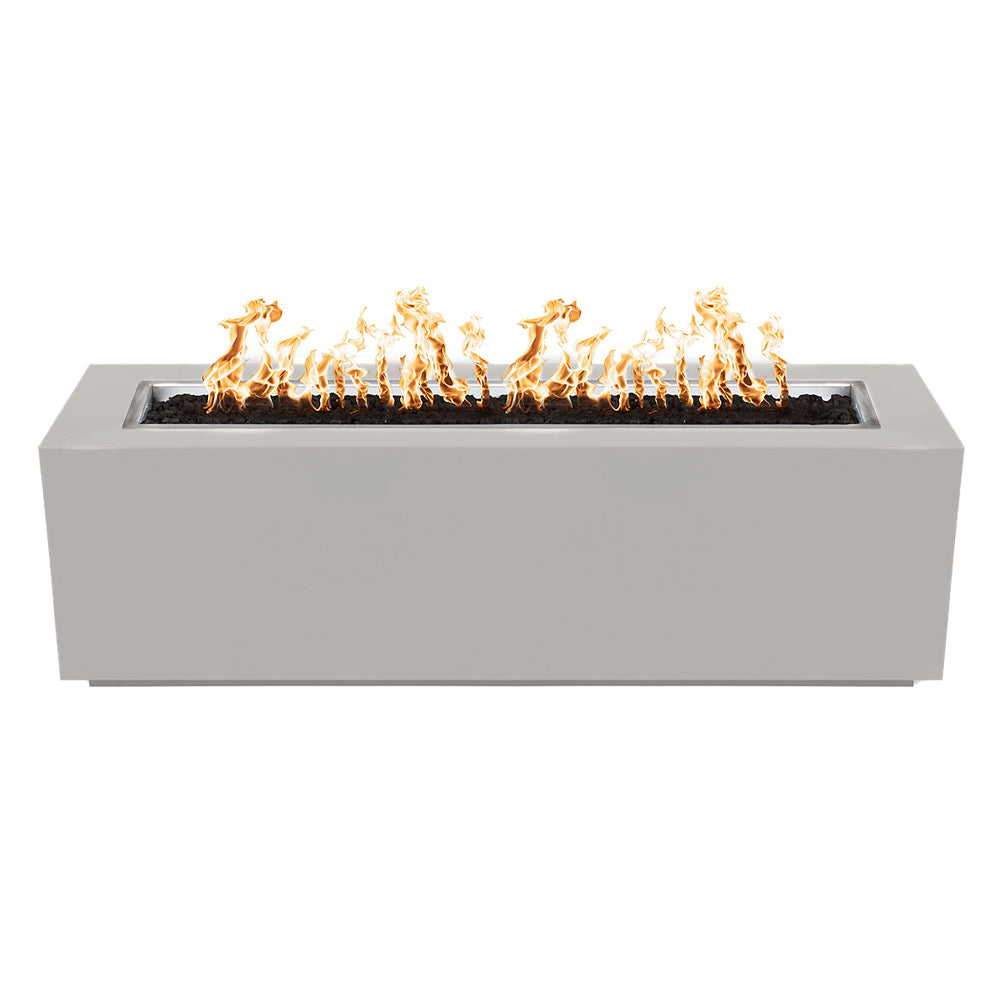 Light gray linear gas fire pit with rectangular burner opening and flames