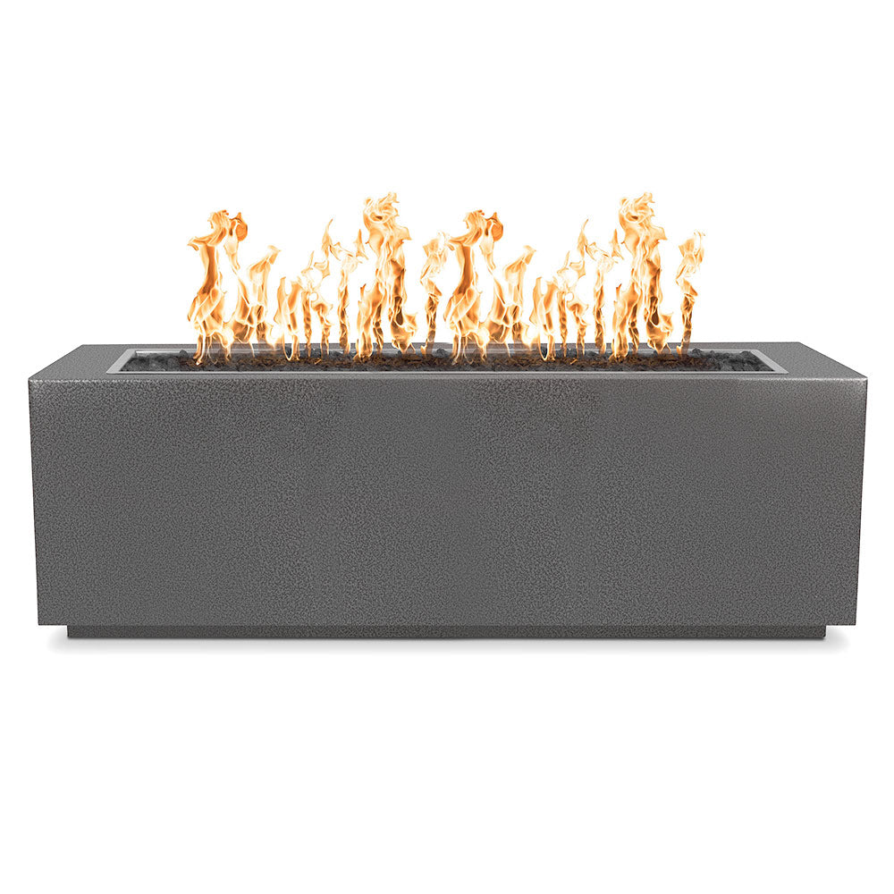 Linear gas fire pit with open flame in dark gray powder-coated steel base