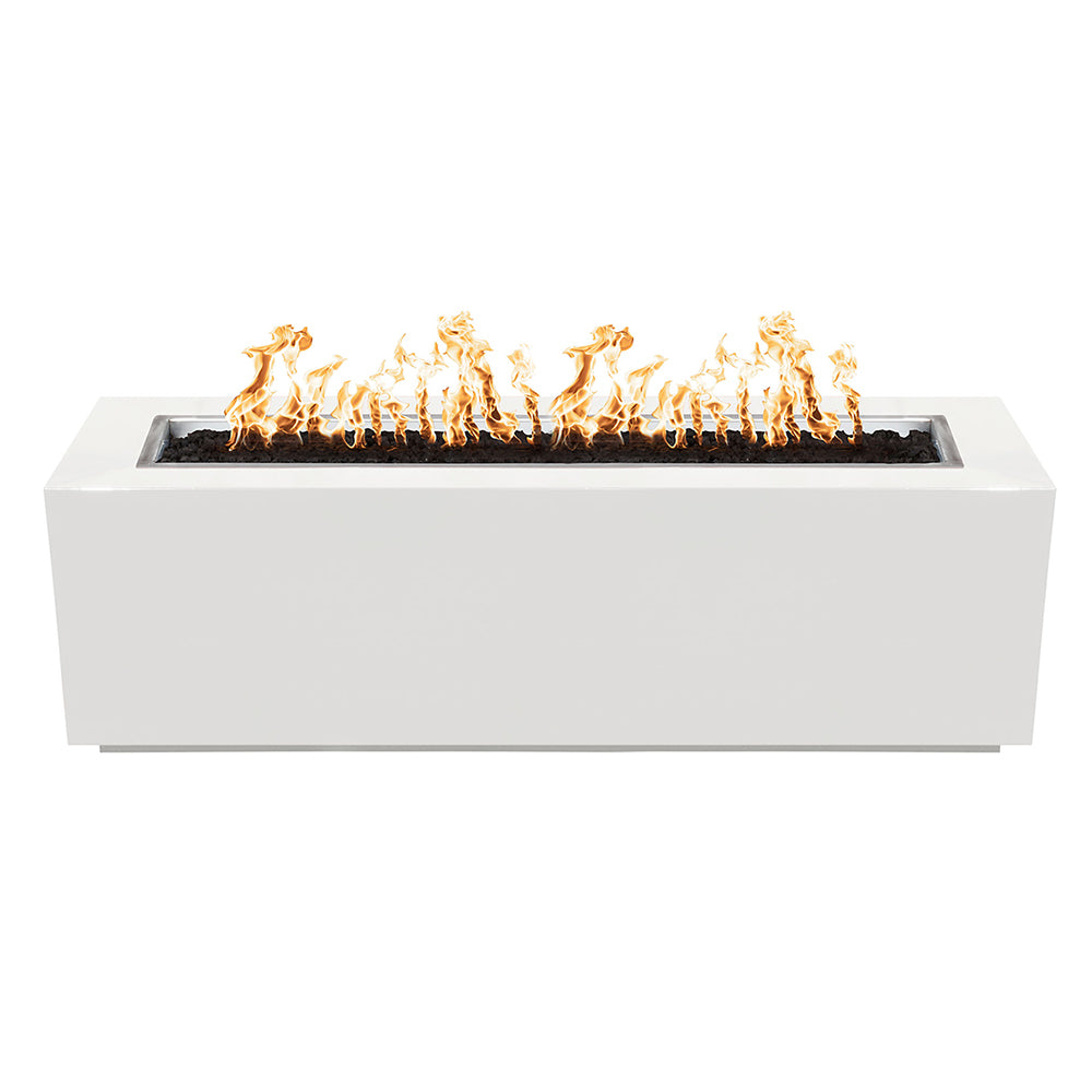 White linear powder-coated steel gas fire pit with visible flames in the burner tray