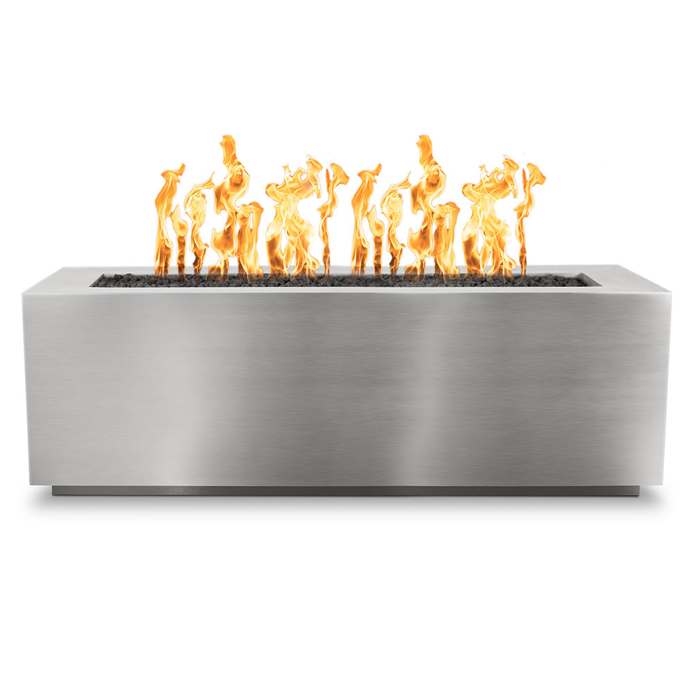 Stainless steel linear gas fire pit with open flame and rectangular burner tray