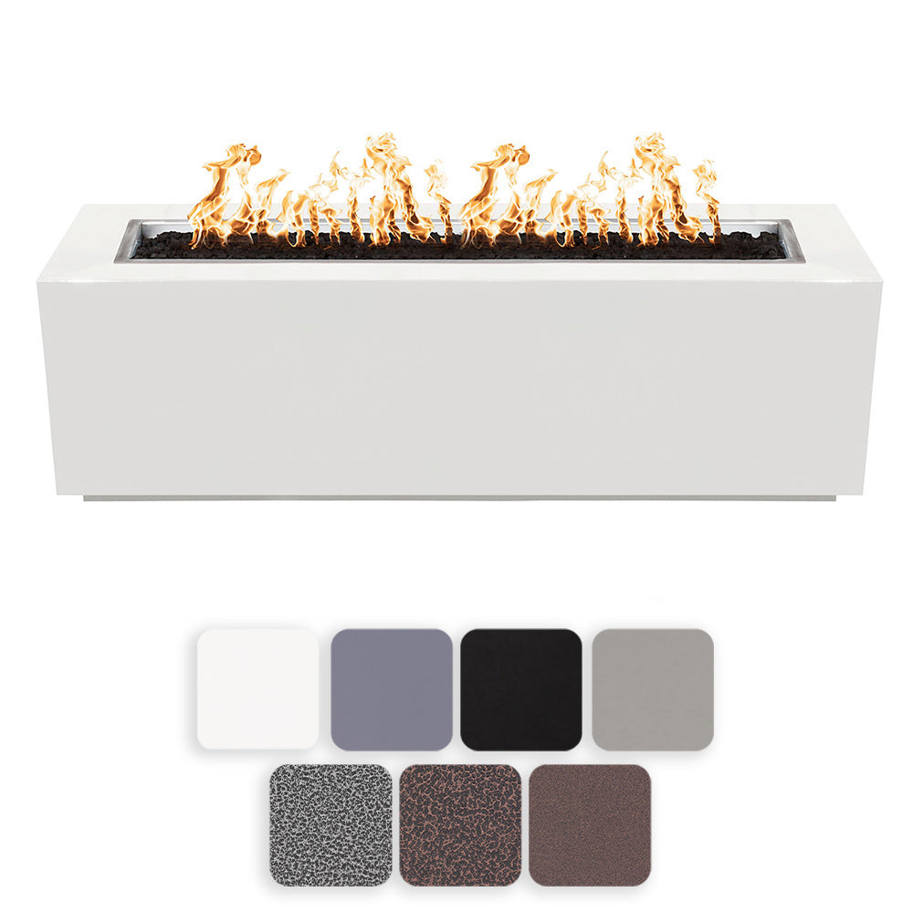 White linear powder-coated steel gas fire pit with flames in the rectangular burner tray