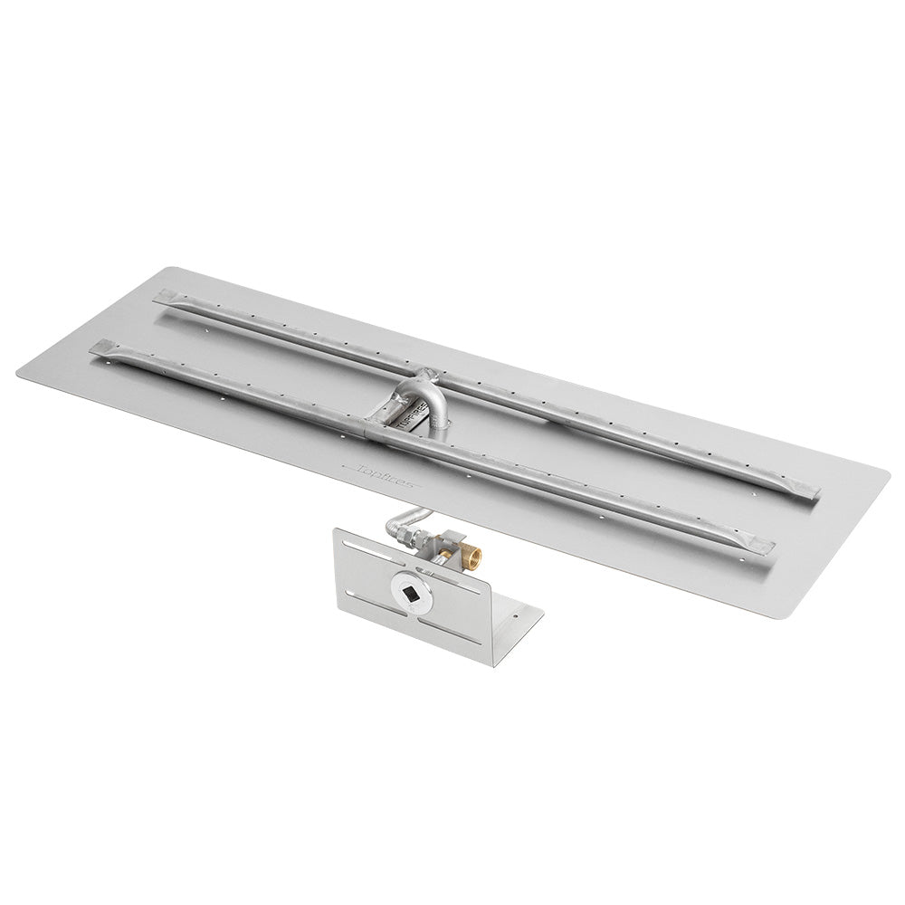 Linear gas fire pit burner kit with metal burner pan and valve control plate