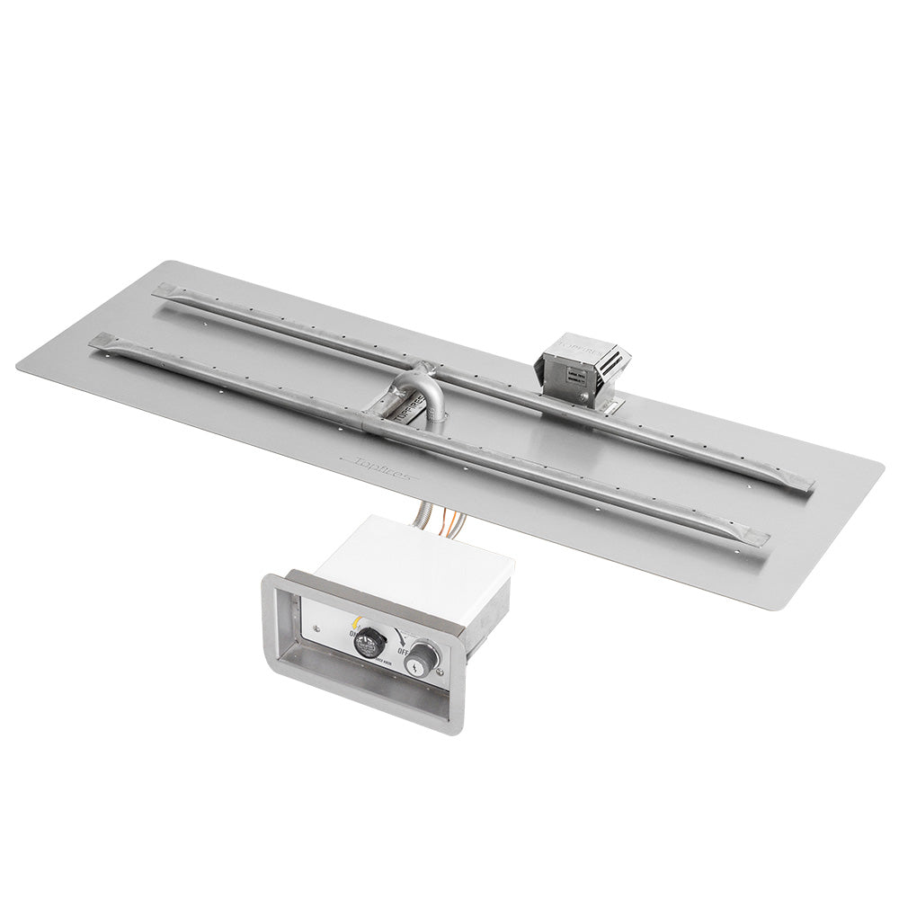 Linear H-style gas fire pit burner kit showing long burner pan, spark igniter, and valve box