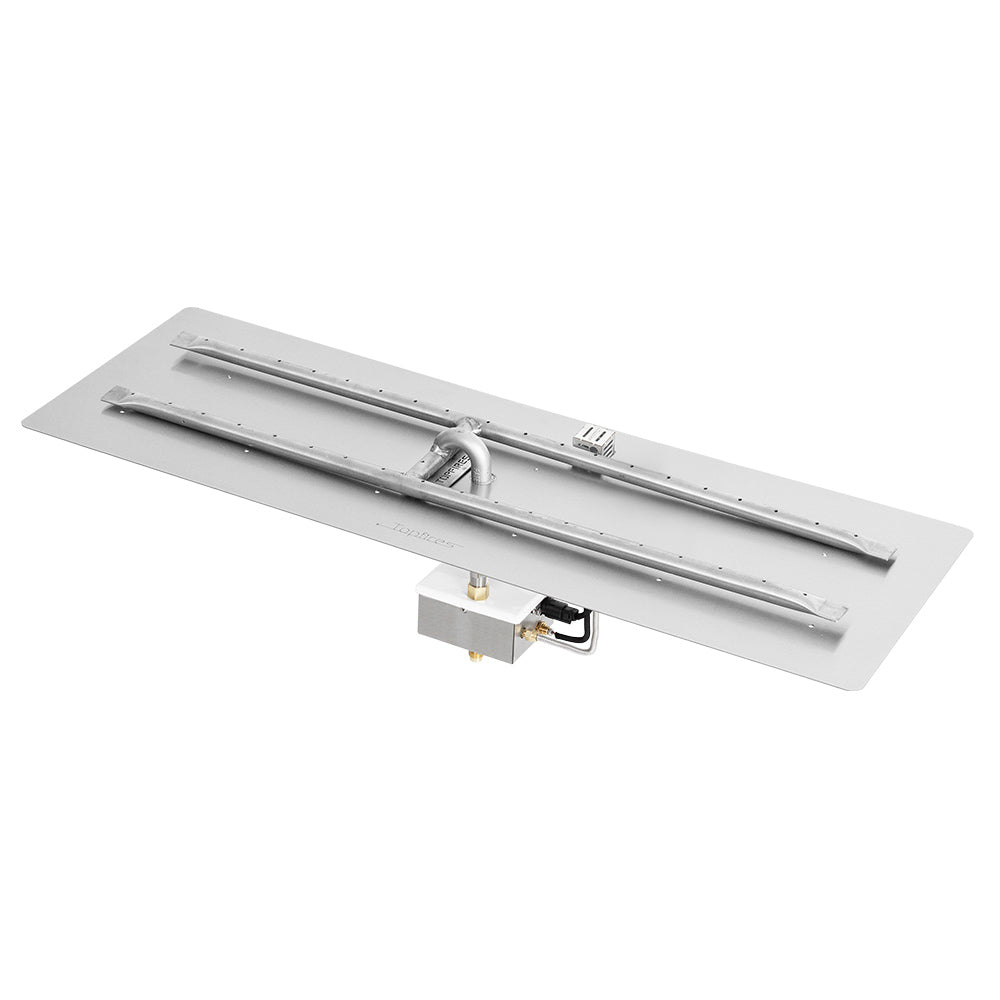 Linear H-style gas fire pit burner kit in flat metal pan with ignition components