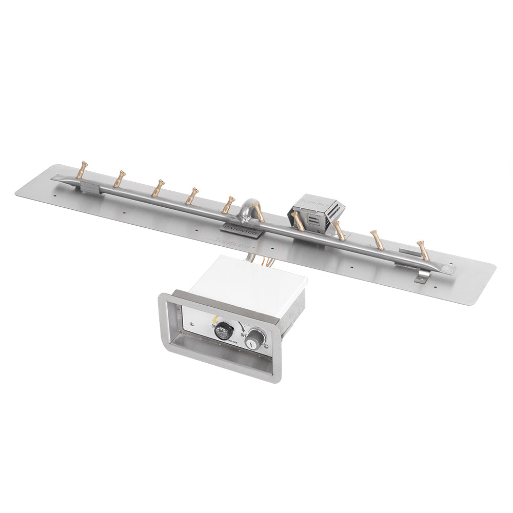 Linear spark ignition gas fire pit burner kit with long burner tray, igniter ports, and control box